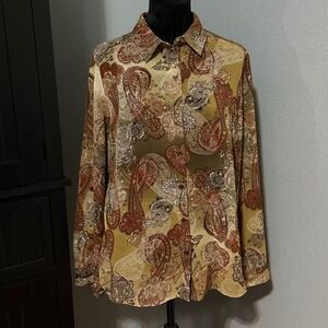 New Directions Womens Blouse XL Paisley Roll Tab Button Front Multicolor Boho